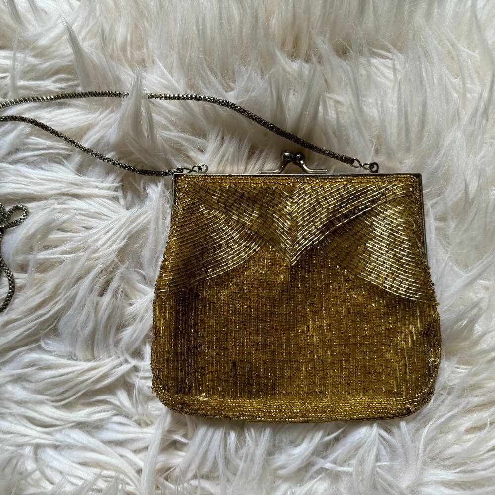 VINTAGE gold beaded & satin snap purse